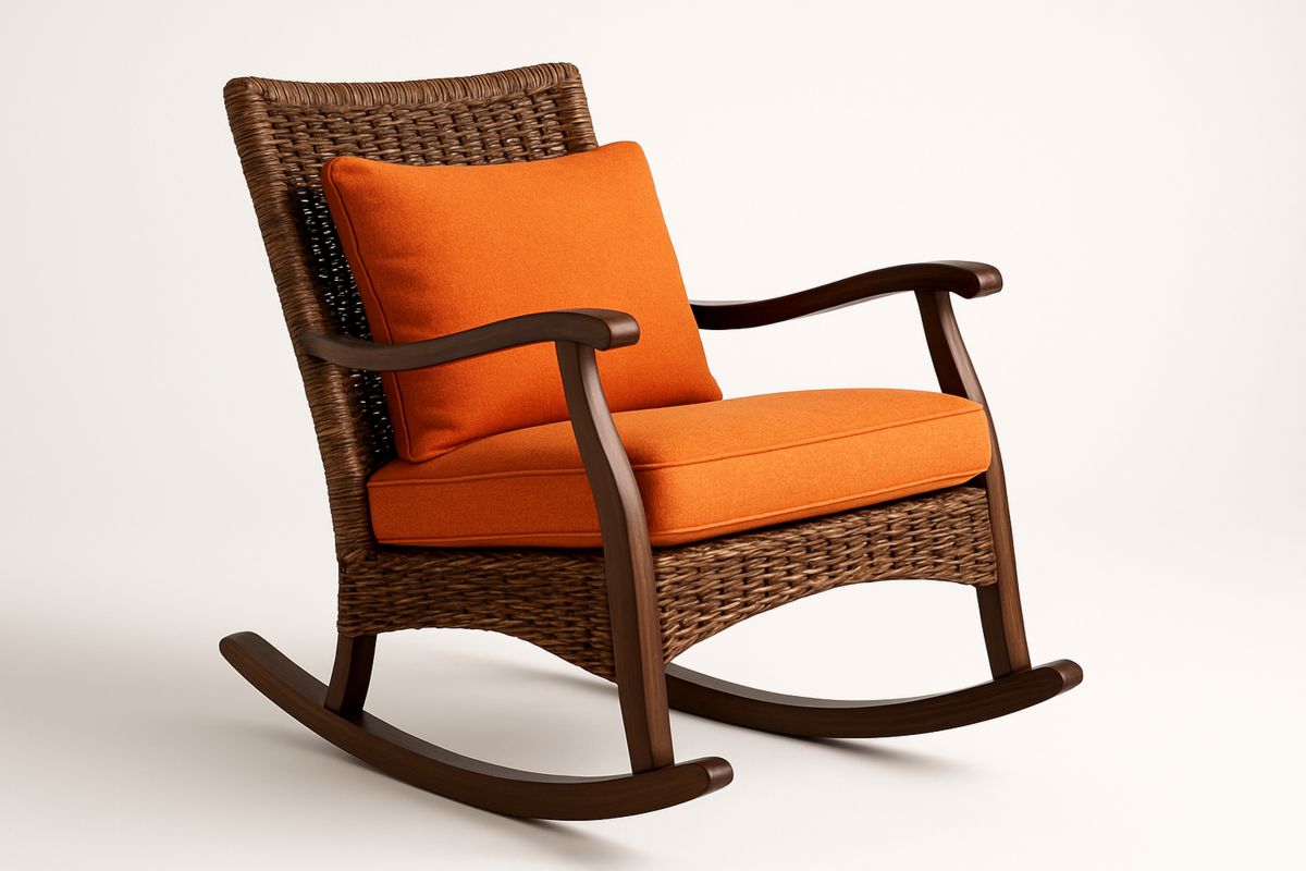 Wicker Rocking Chair with Orange Cushions 90cm x 65cm x 100cm-Venolitra