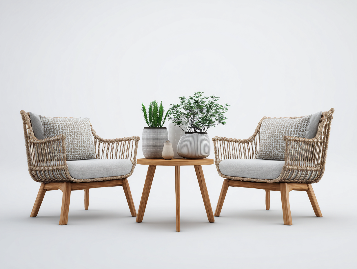 Set poltrone da esterno in rattan naturale con tavolino - poltrone 78x72x82 cm - legno naturale/grigio chiaro - per giardino-Houseota