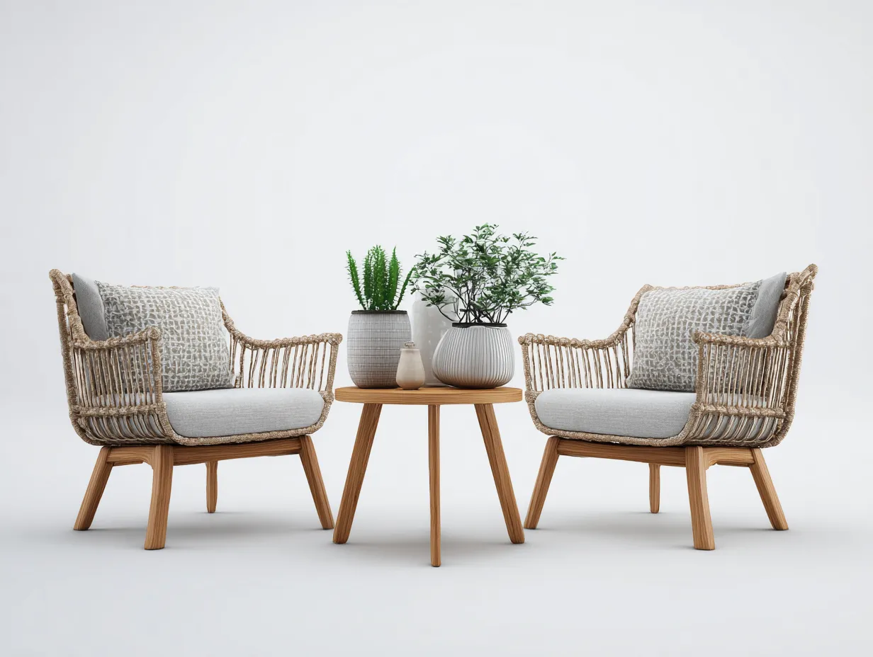 Set poltrone da esterno in rattan naturale con tavolino - poltrone 78x72x82 cm - legno naturale/grigio chiaro - per giardino-Houseota