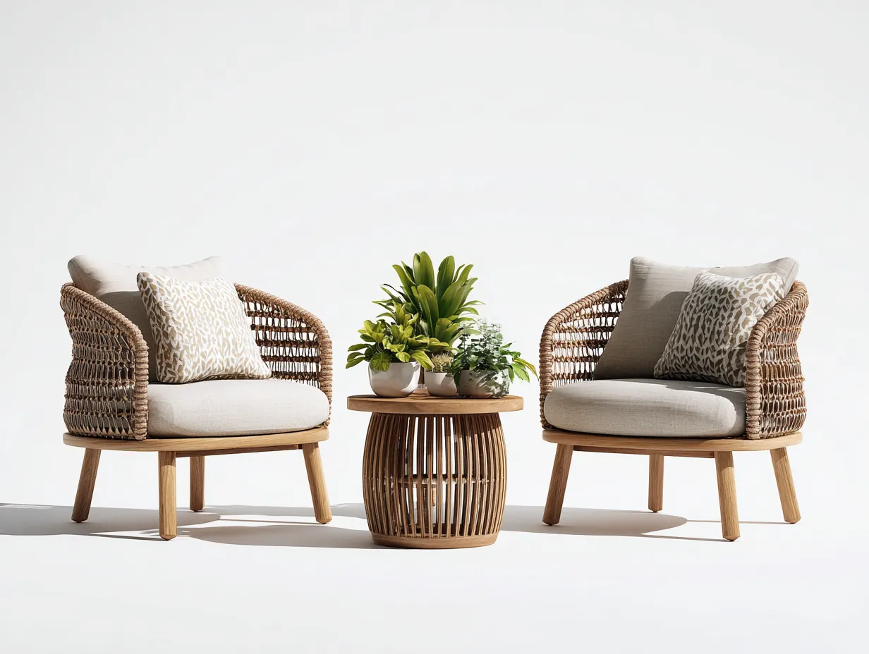 Set poltrone da esterno in rattan e legno - poltrone 72x76x82 cm - beige/Legno naturale - per giardino-Houseota