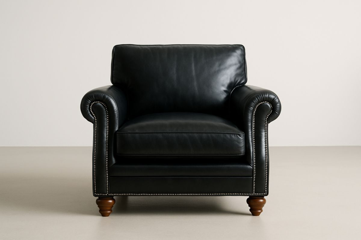 Black Leather Armchair with Solid Wood Legs