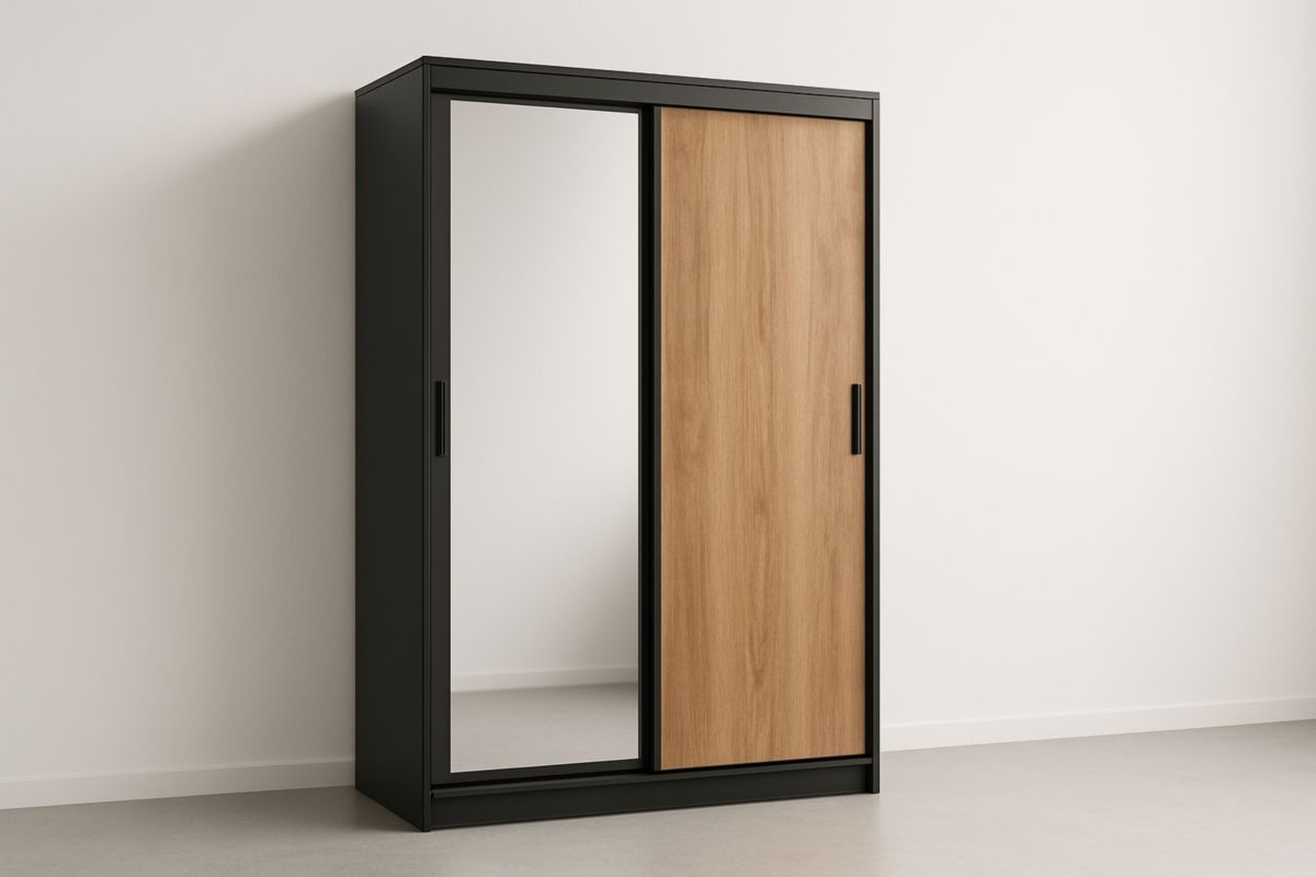 Wardrobe with Sliding Doors and Mirror in Black and Wood