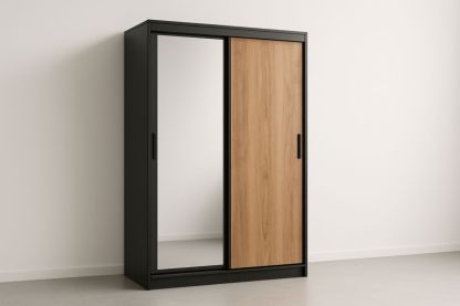 Wardrobe with Sliding Doors and Mirror in Black and Wood