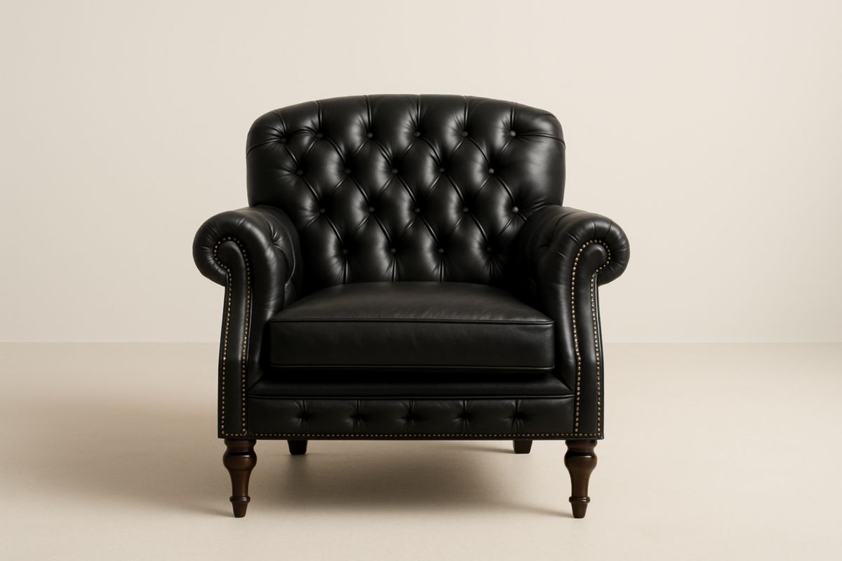 Black Leather Armchair with Button Tufted Design