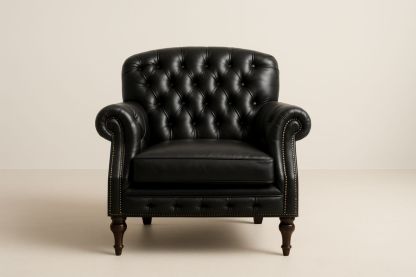 Black Leather Armchair with Button Tufted Design