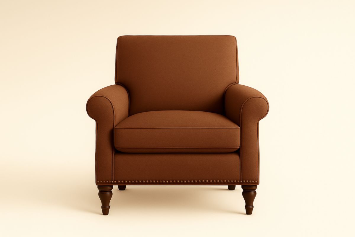 Brown Fabric Armchair with Cushioned Seat and Wooden Legs