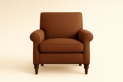 Brown Fabric Armchair with Cushioned Seat and Wooden Legs