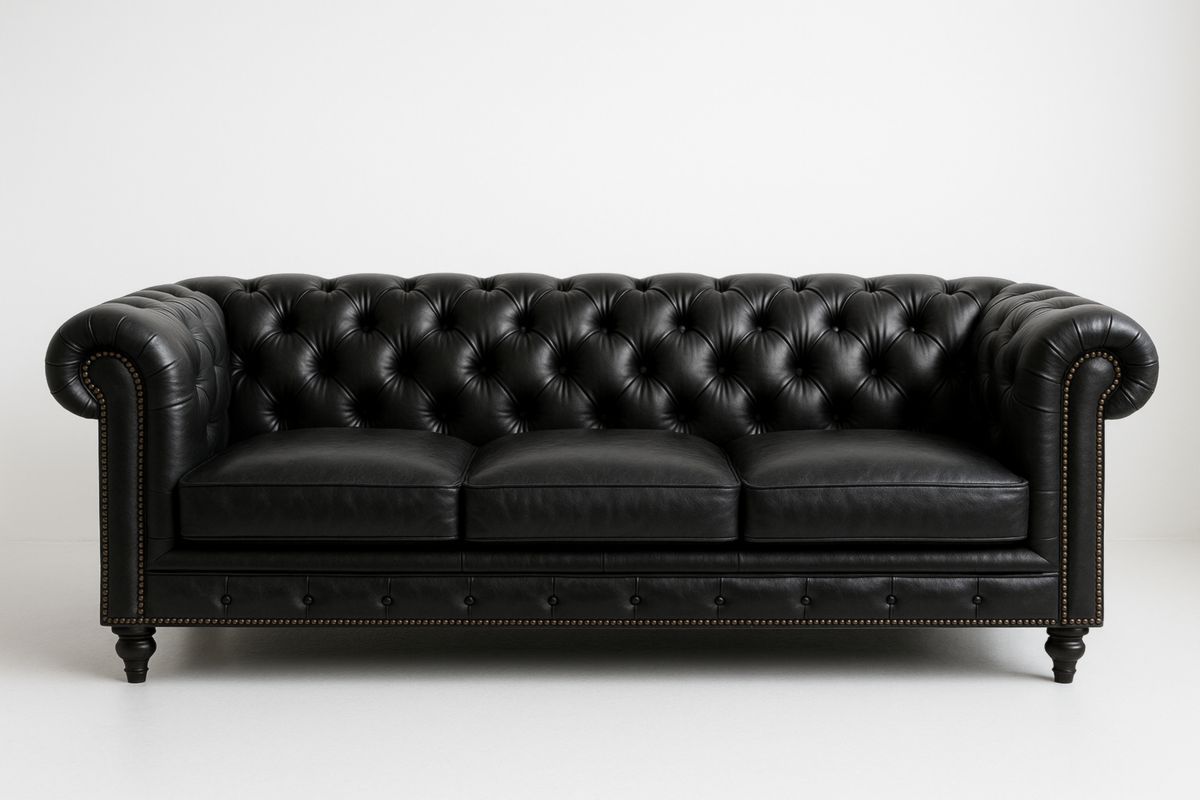Leather Sofa Chesterfield Style Black Upholstery Wooden Frame 210cm x 85cm x 75cm