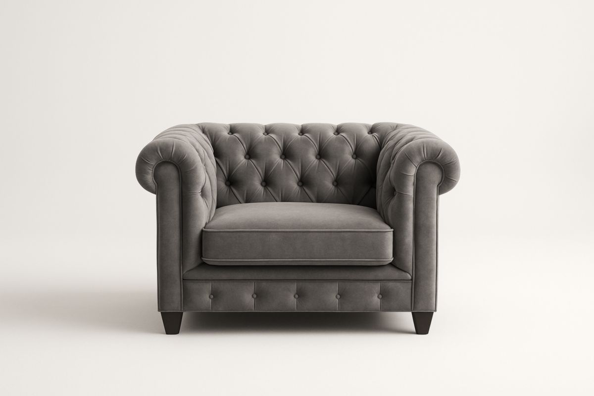 Grey Velvet Armchair with Tufted Backrest