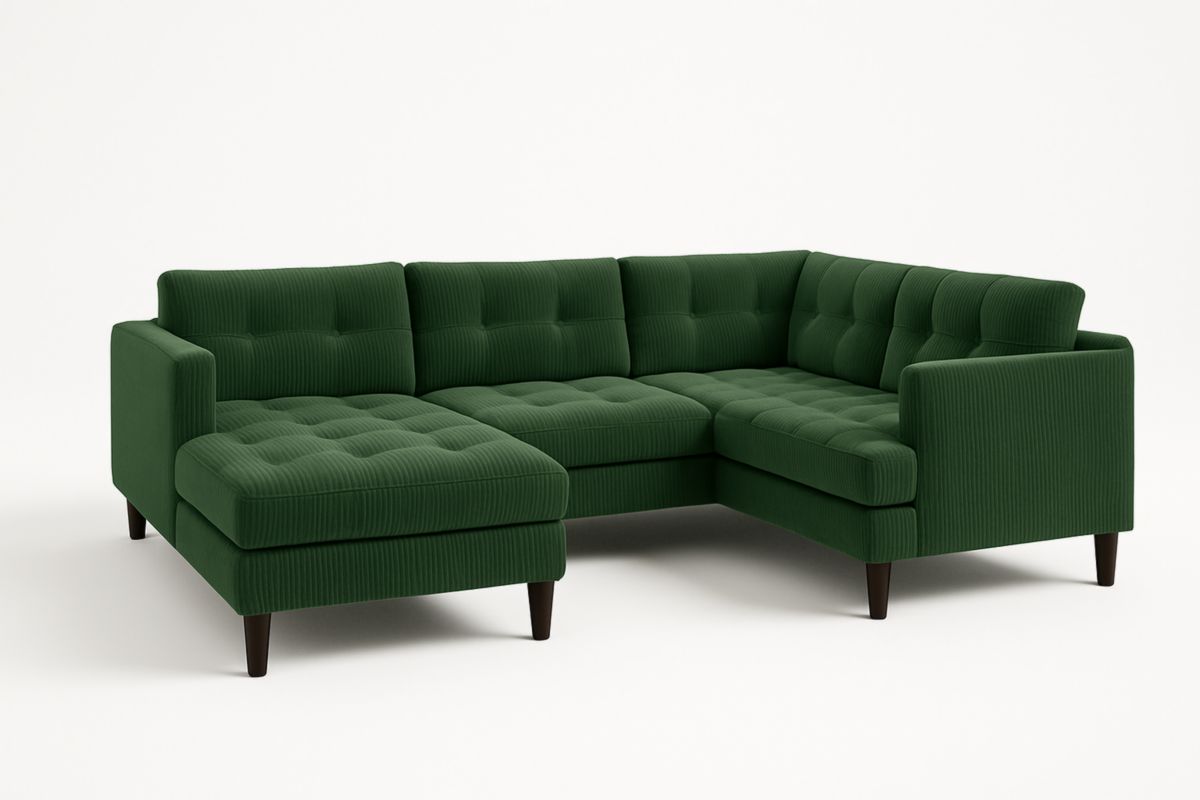 Green Velvet L-Shape Corner Sectional Sofa with Wooden Legs