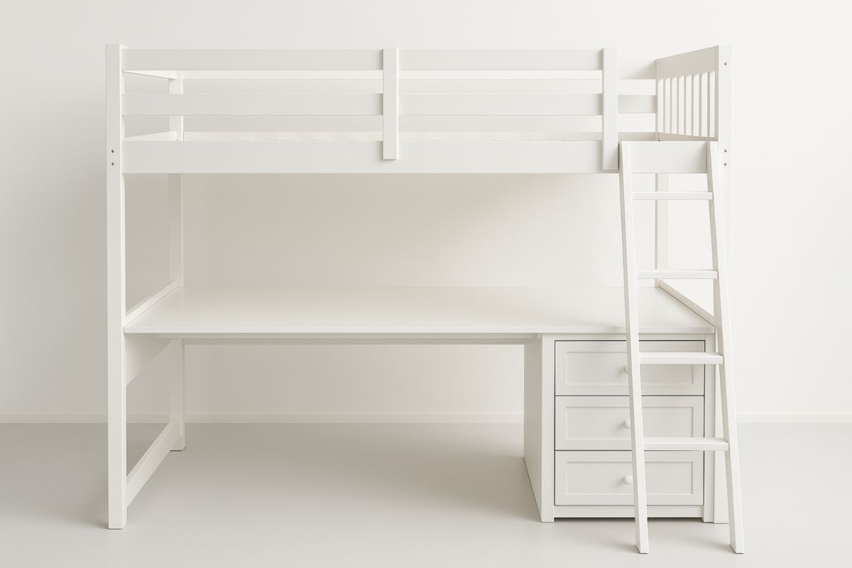 White Wood Loft Bed with Desk and Ladder