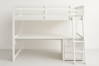 White Wood Loft Bed with Desk and Ladder