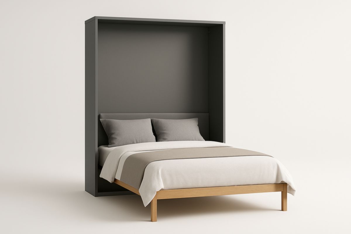 Queen Size Wall Bed with Oak Frame and Grey Fabric