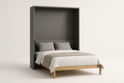 Queen Size Wall Bed with Oak Frame and Grey Fabric
