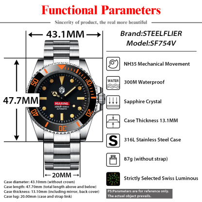 STEELFLIER SF754V Mechanical Water Ghost Wristwatch Screw Crown NH35 Automatic Move Super Luminous Ceramic Bezel Luxury Watches