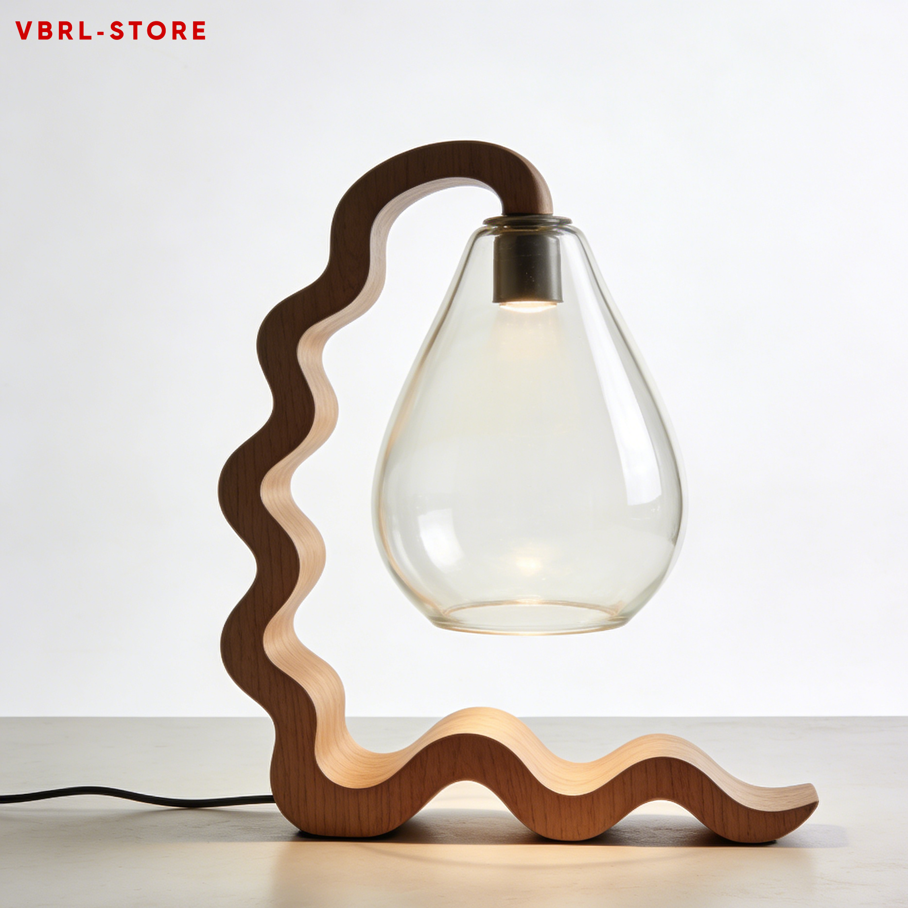 Wave-shaped wooden frame table lamp with teardrop-shaped glass shade (2 pieces)
