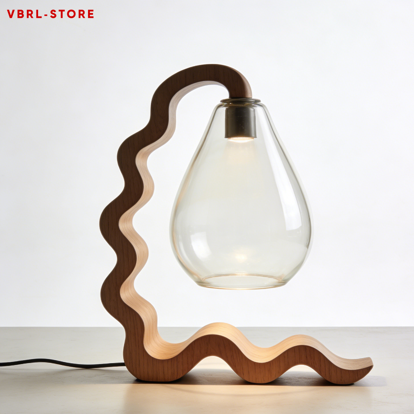 Wave-shaped wooden frame table lamp with teardrop-shaped glass shade (2 pieces)