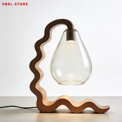 Wave-shaped wooden frame table lamp with teardrop-shaped glass shade (2 pieces)