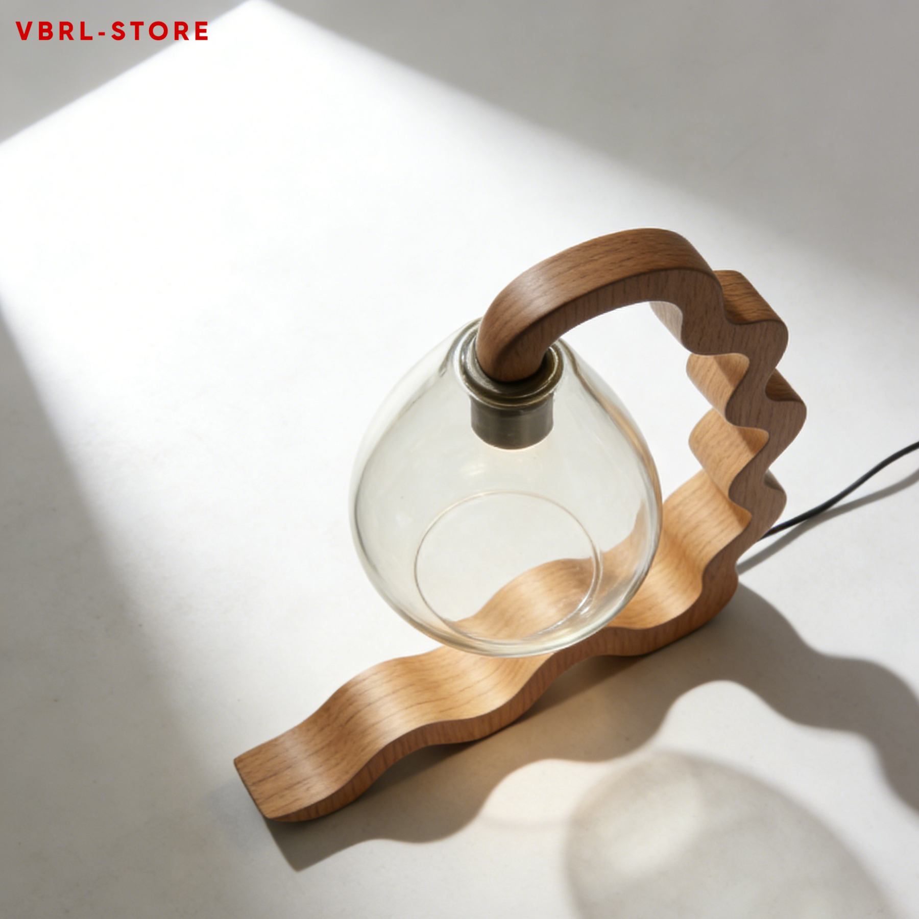 Wave-shaped wooden frame table lamp with teardrop-shaped glass shade (2 pieces)
