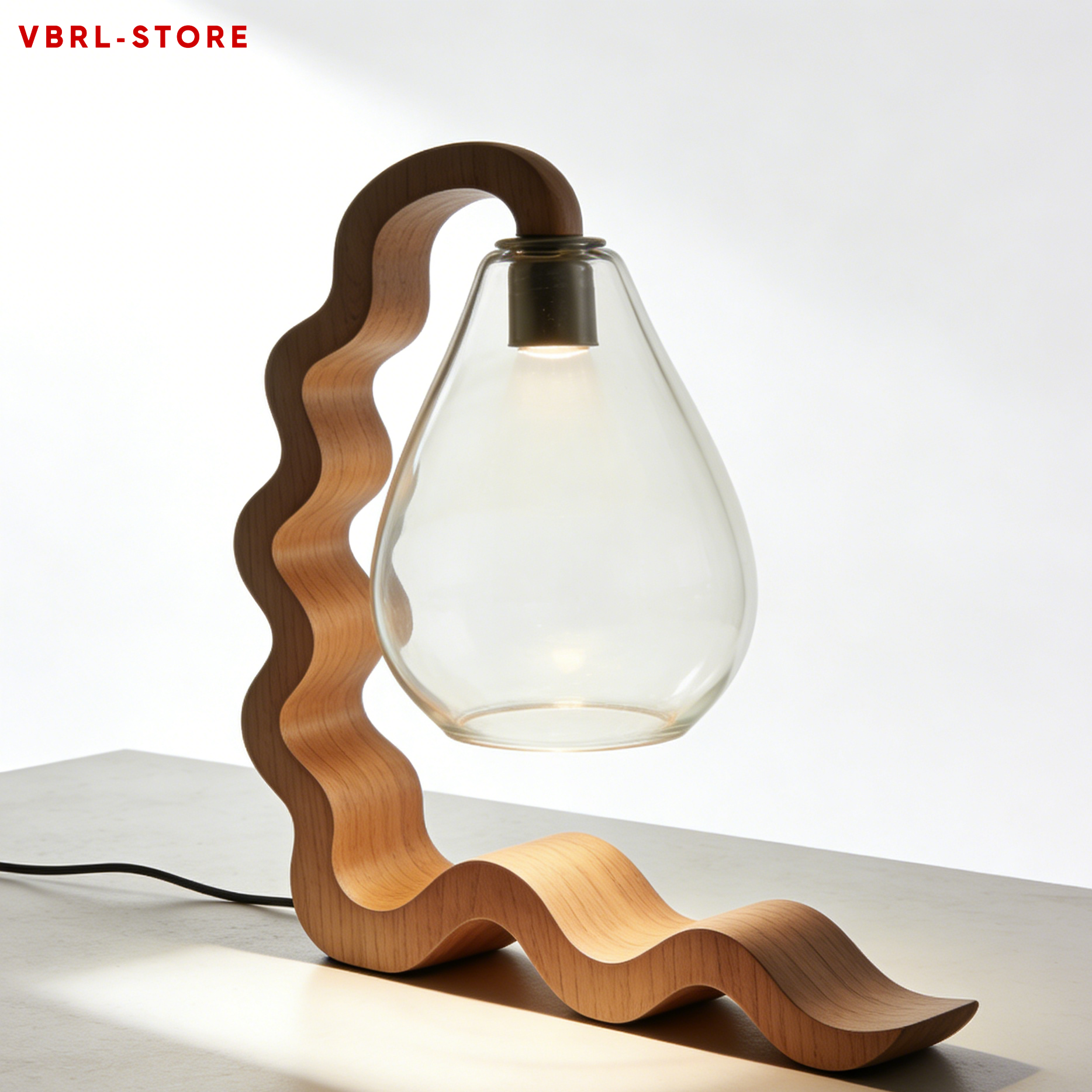 Wave-shaped wooden frame table lamp with teardrop-shaped glass shade (2 pieces)