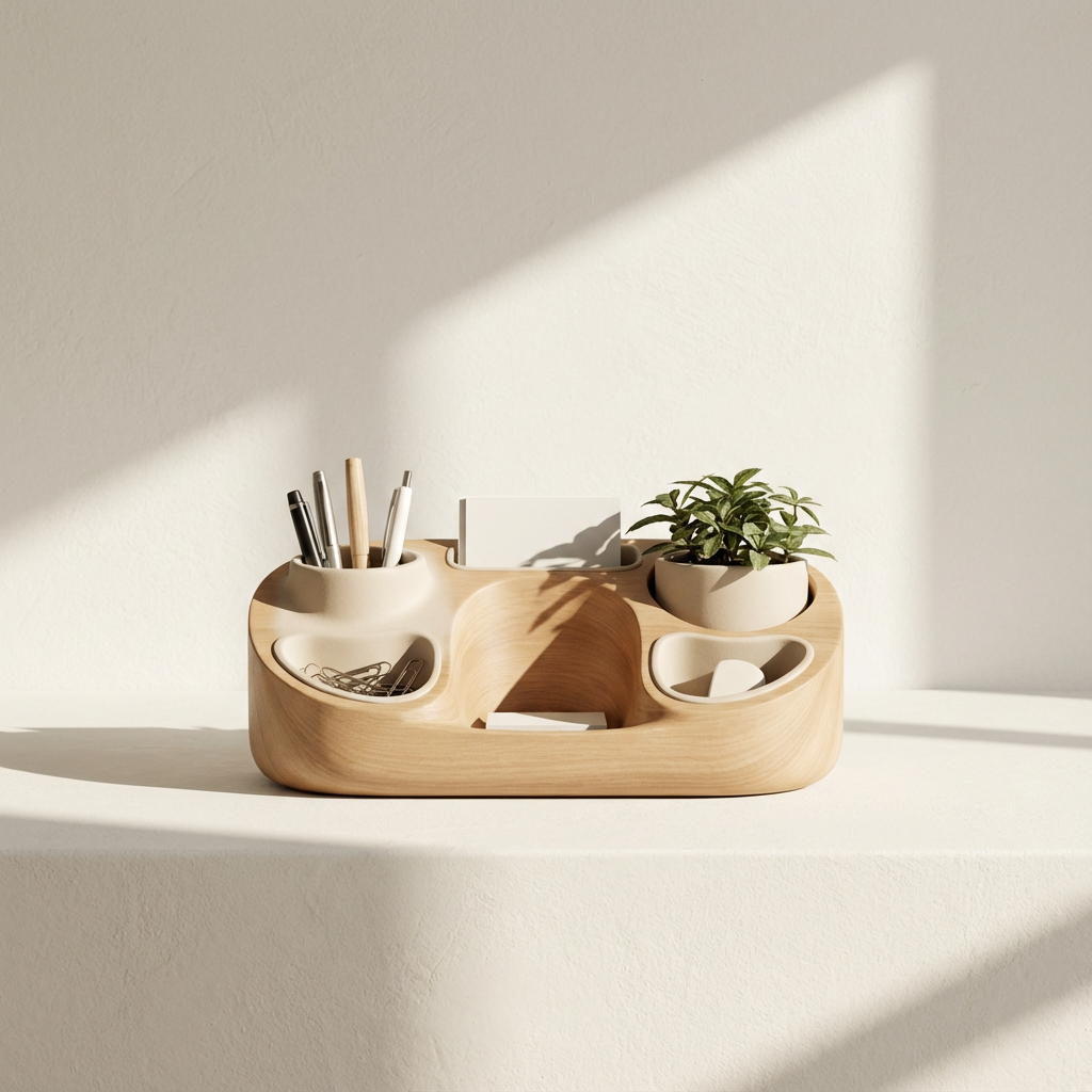 Stojak na przybory biurowe na biurku – widok z przodu