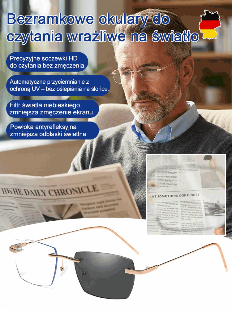 【Koniec z wiecznym zmienianiem okularów】👓Eterlens Bezramkowe okulary progresywne fotochromowe dla kobiet i mężczyzn