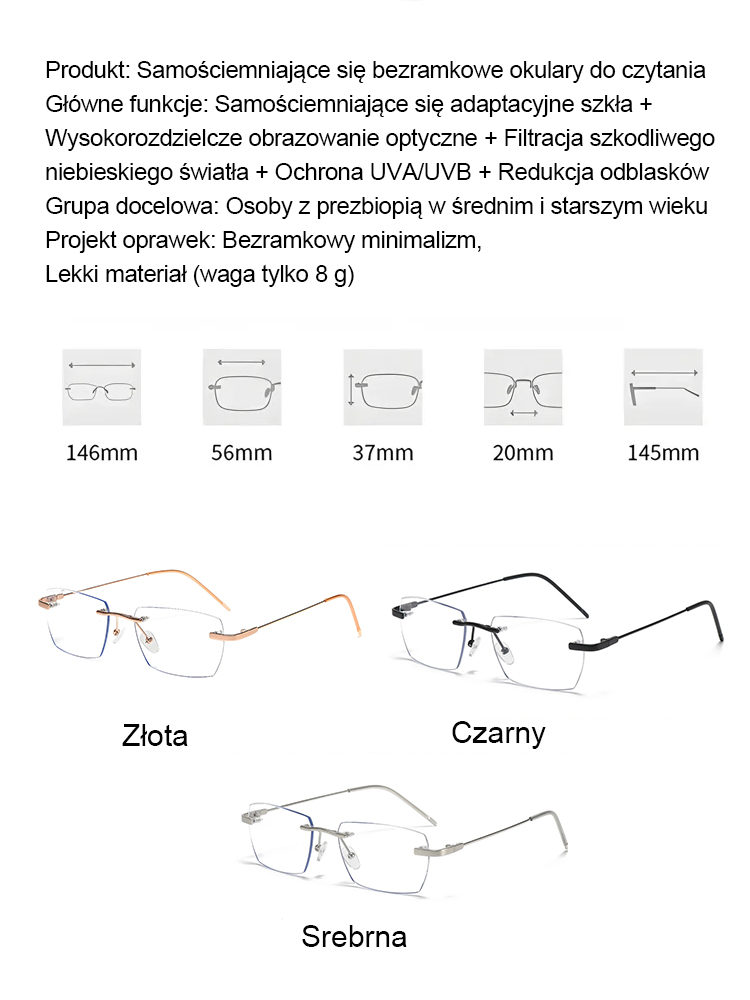【Koniec z wiecznym zmienianiem okularów】👓Eterlens Bezramkowe okulary progresywne fotochromowe dla kobiet i mężczyzn