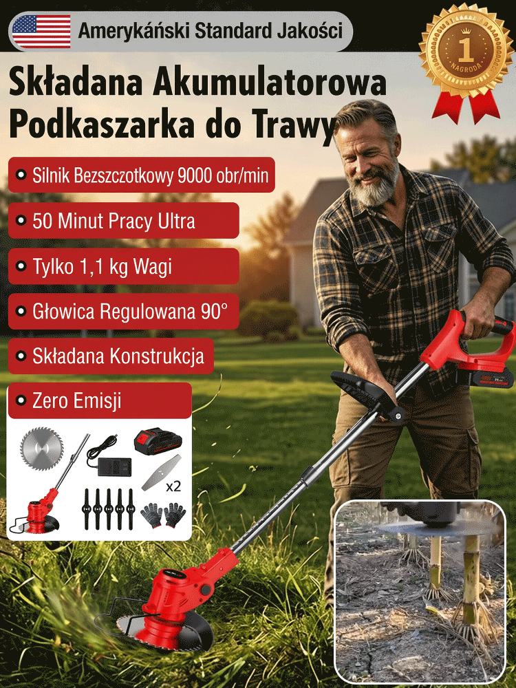 [Bardzo długi czas pracy baterii] Elektryczna składana kosiarka do trawy, która z łatwością kosi trawnik o powierzchni 1200 m²