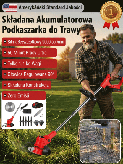 [Bardzo długi czas pracy baterii] Elektryczna składana kosiarka do trawy, która z łatwością kosi trawnik o powierzchni 1200 m²