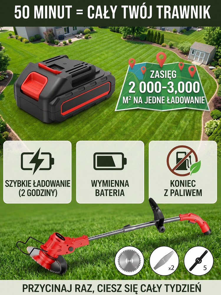 [Bardzo długi czas pracy baterii] Elektryczna składana kosiarka do trawy, która z łatwością kosi trawnik o powierzchni 1200 m²