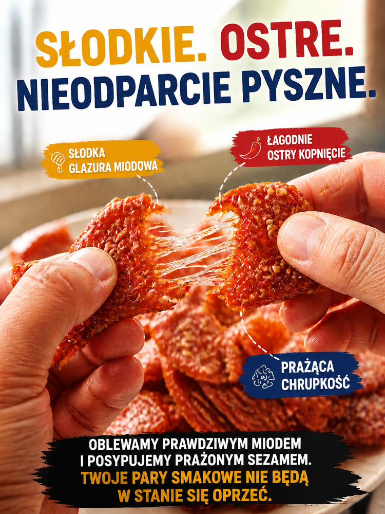 【200 sztuk/opakowanie】Suszone mięso z grillowanej ryby z Alaski – smak miodowo-pikantny z sezamem, wysoka zawartość białka, niska zawartość tłuszczu