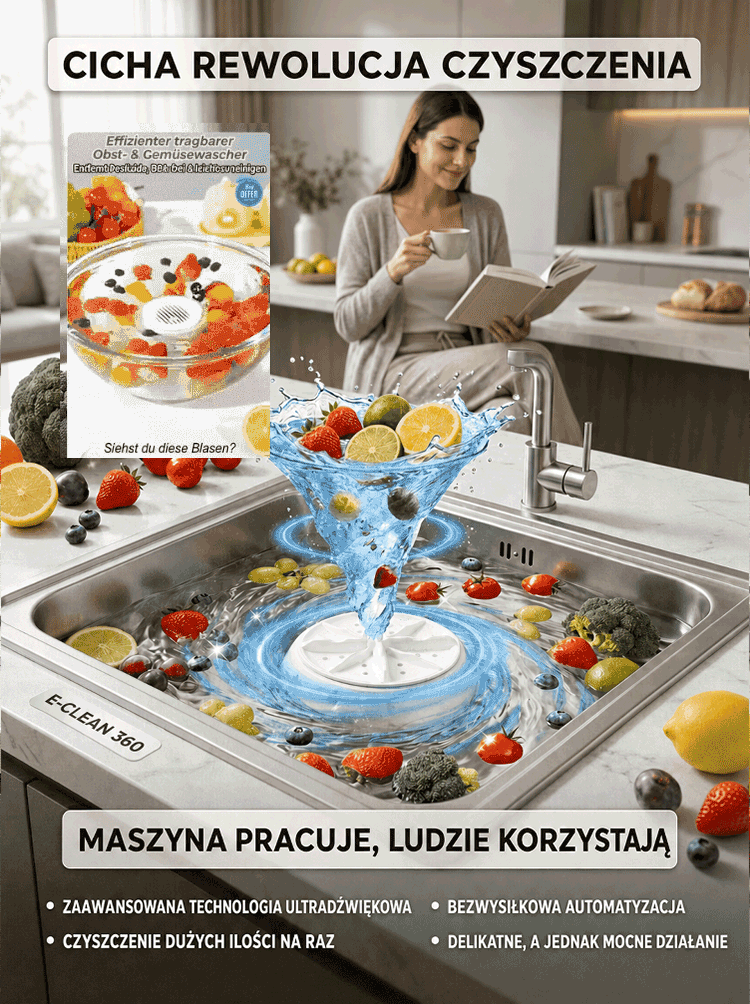 Ultradźwiękowa myjka do owoców i warzyw, w pełni automatyczna obsługa jednym przyciskiem, czyści w 3 sekundy