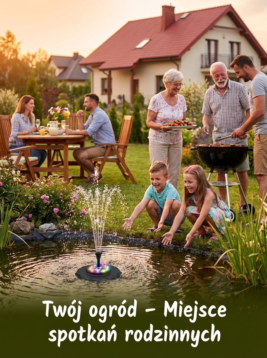 Ekskluzywna fontanna ogrodowa zasilana energią słoneczną, z kolorowym oświetleniem