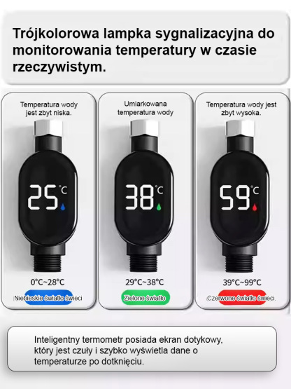 Wyświetlacz temperatury do inteligentnego, wodoodpornego prysznica. Stopień wodoodporności IPX7 + cyfrowy wyświetlacz w czasie rzeczywistym
