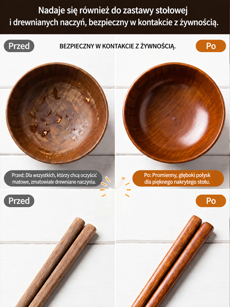 Specjalny wosk pszczeli do pielęgnacji drewna, wodoodporny, odporny na wilgoć, zarysowania i ścieranie, przywraca połysk litego drewna jednym pociągnięciem