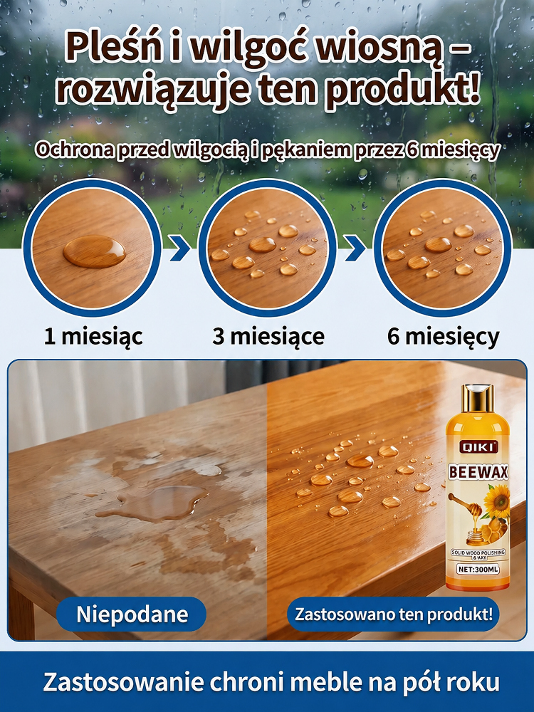Specjalny wosk pszczeli do pielęgnacji drewna, wodoodporny, odporny na wilgoć, zarysowania i ścieranie, przywraca połysk litego drewna jednym pociągnięciem