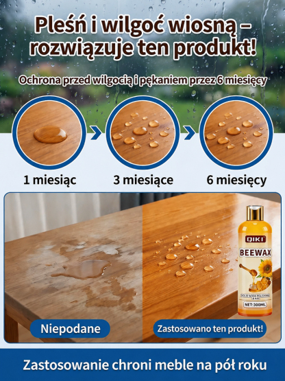 Specjalny wosk pszczeli do pielęgnacji drewna, wodoodporny, odporny na wilgoć, zarysowania i ścieranie, przywraca połysk litego drewna jednym pociągnięciem