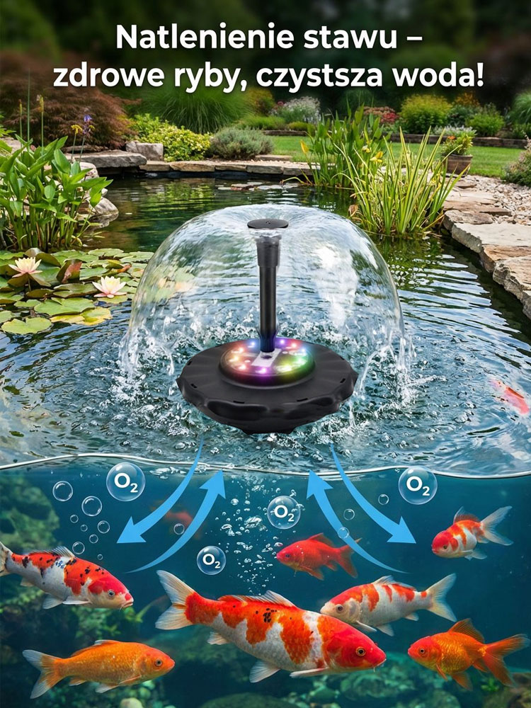 Ekskluzywna fontanna ogrodowa zasilana energią słoneczną, z kolorowym oświetleniem