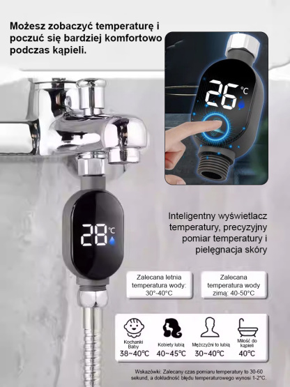 Wyświetlacz temperatury do inteligentnego, wodoodpornego prysznica. Stopień wodoodporności IPX7 + cyfrowy wyświetlacz w czasie rzeczywistym