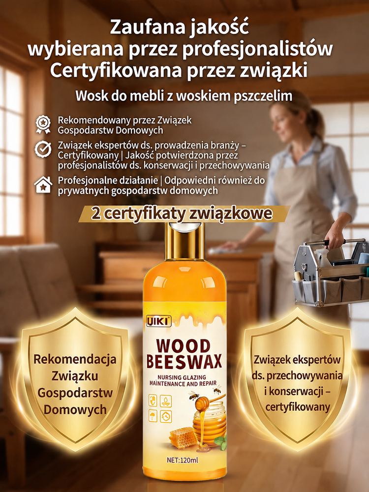 Specjalny wosk pszczeli do pielęgnacji drewna, wodoodporny, odporny na wilgoć, zarysowania i ścieranie, przywraca połysk litego drewna jednym pociągnięciem