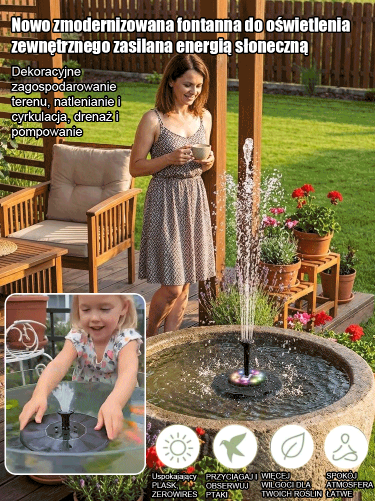 Ekskluzywna fontanna ogrodowa zasilana energią słoneczną, z kolorowym oświetleniem