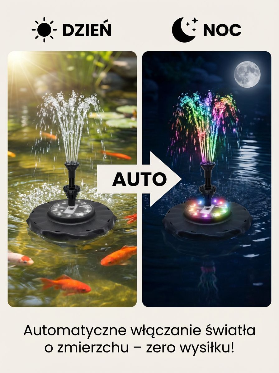Ekskluzywna fontanna ogrodowa zasilana energią słoneczną, z kolorowym oświetleniem