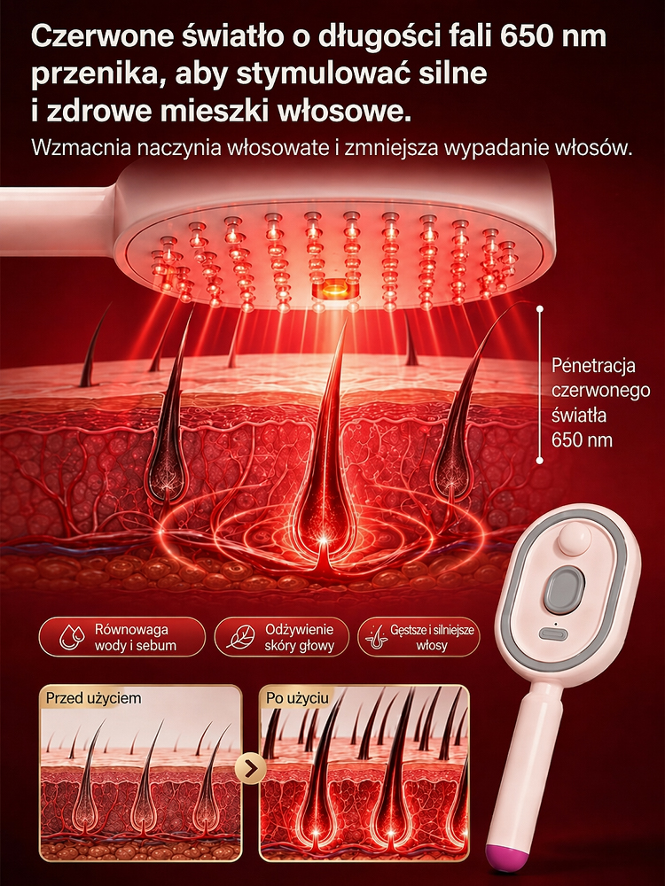 Domowy masażer do skóry głowy z czerwonym światłem na porost włosów
