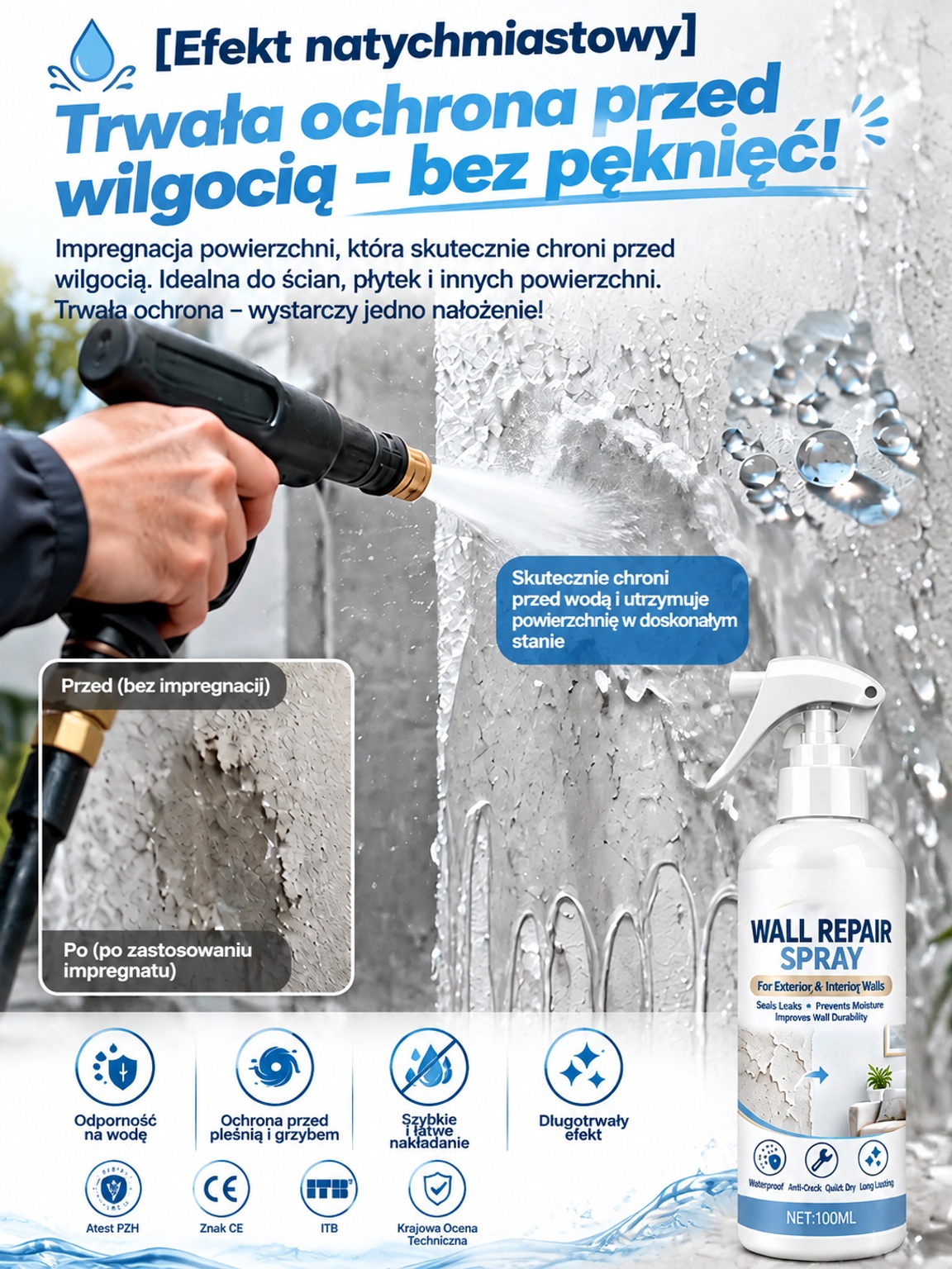 Przemysłowy spray do naprawy ścian i ochrony przed pleśnią