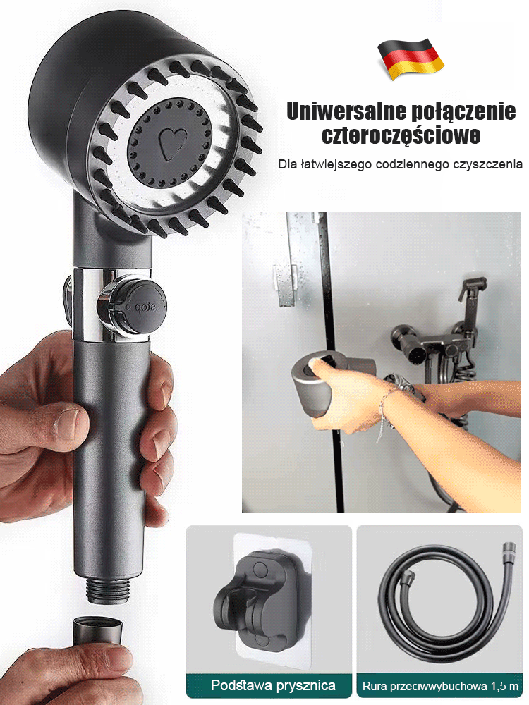 Wielofunkcyjna głowica natryskowa z regulacją jednym przyciskiem i funkcją niemieckiego masażu