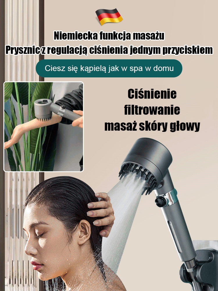 Wielofunkcyjna głowica natryskowa z regulacją jednym przyciskiem i funkcją niemieckiego masażu