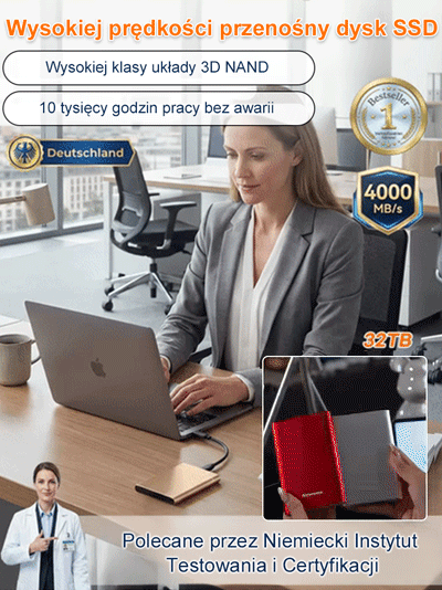 To urządzenie o pojemności 32 TB, rekomendowane przez Niemiecki Instytut Testów i Certyfikacji, oferuje prędkość do 4000 MB/s.