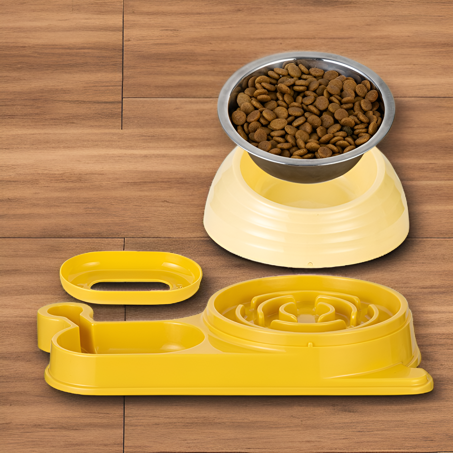 Non-slip integrated pet double bowl on kitchen floor