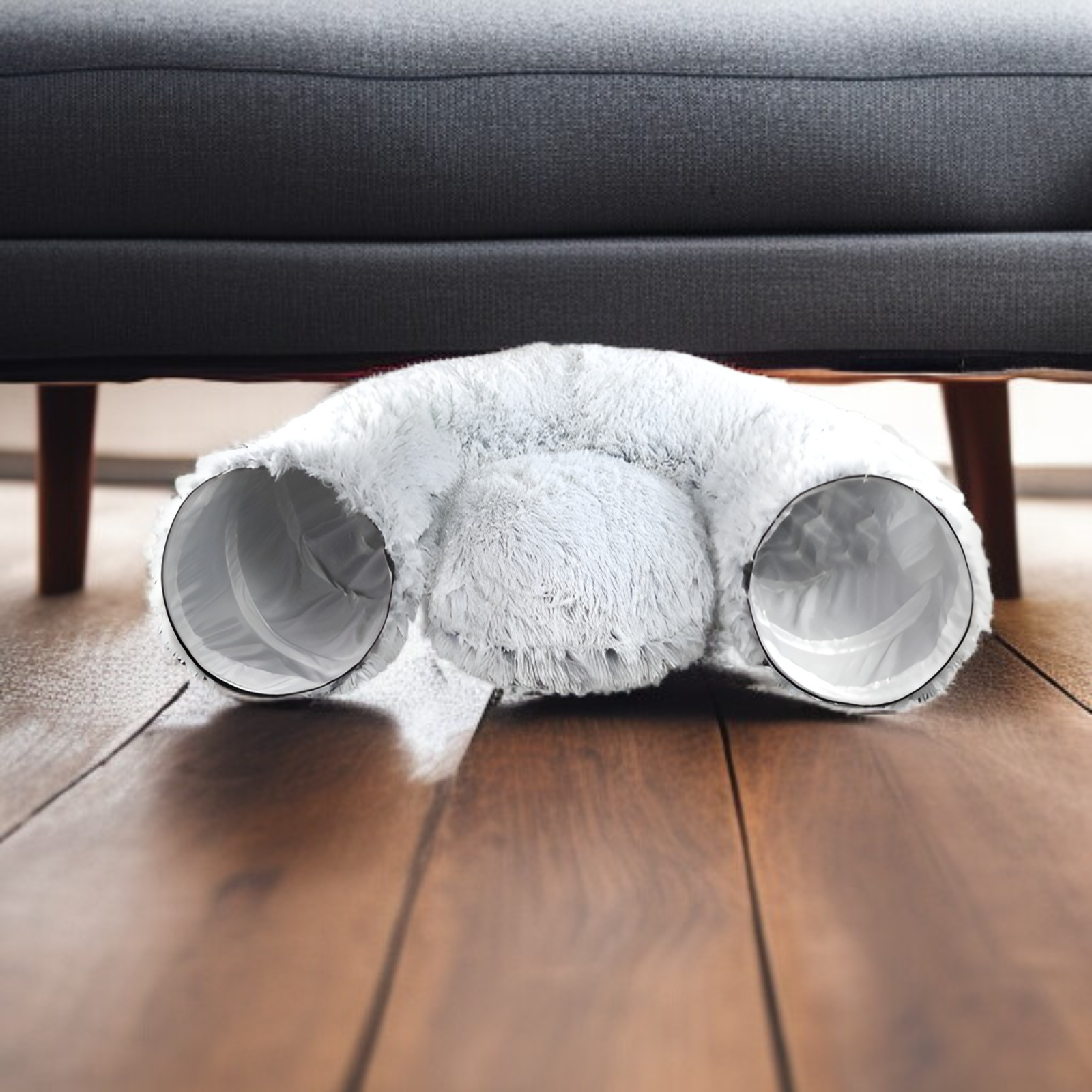 Gray plush cat bed with tunnel design