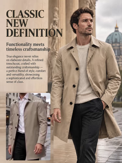[British Elegance] Men's Classic Single-Breasted Trench Coat，Water-resistant and wrinkle-resistant—stylish and versatile!
